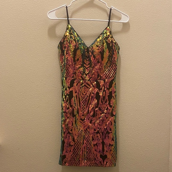 City Vibe Dresses & Skirts - Rainbow sequins V neck mini dress size 5